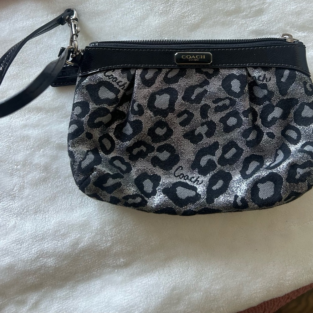 Coach Black and Gray Metallic Leopard Print Wristlet